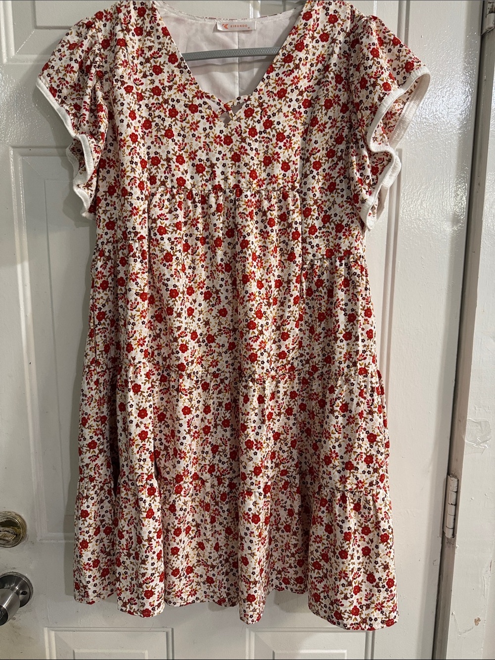 Cream Midi Dress with Red Floral Print - Women
